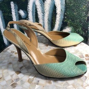 Aqua/Tan Snake-Embossed Leather Peep Toe KAREN SCOTT Heels